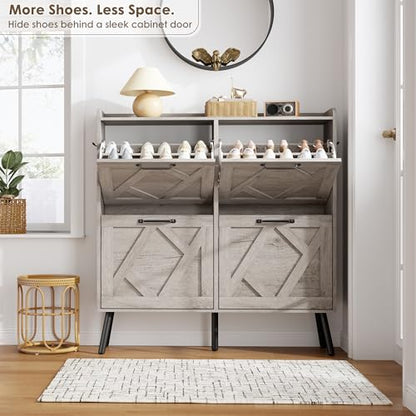 Shoe Cabinet with 4 Flip Drawers, Freestanding Shoe Organizer Cabinet, Farmhouse Narrow Shoe Storage Cabinet for Entryway, Foyer, Hallway - color: Light Grey