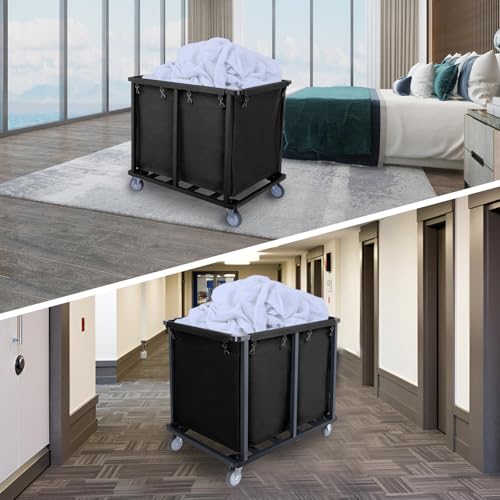 Commercial Laundry Cart with Wheels,400L Black | 600LBS Heavy Duty Industrial Laundry Cart with Steel Frame and Oxford Cloth Bag, Rolling Laundry Cart for Home,Hotel - color: Black