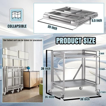 2 Shelf Rolling Cart with Wheels, 660lbs Capacity Collapsible Steel Rolling Utility Cart, Heavy-Duty Foldable Workbench, Metal Rolling Storage Cart with Handle for Groceries, Warehouse (36" Lx26 W) - color: Plate 660lbs Capacity
