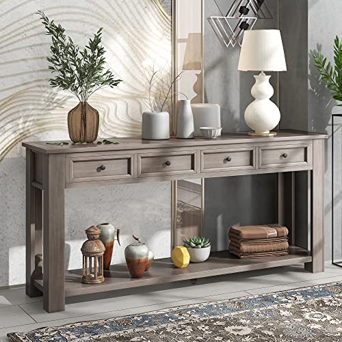 LKTART Solid Pine Console Table with Drawers,Long Sofa Table Entryway Table | 63" Entryway Table with Drawers & Open Shelf,Farmhouse Console Table，Entry Table for Hallway,Foyer or Behind Sofa,Gray Wash - color: Gray Wash