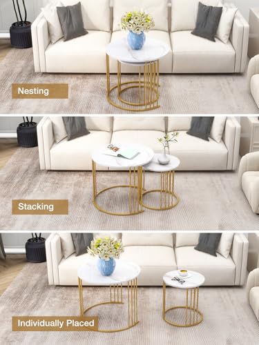 Nesting Coffee Table Set of 2, Round Table, Morden End Side Table Night Stand for Bedroom Dining Room (Marble White) - color: White