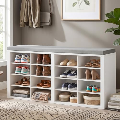 AMONIDA Shoe Storage Bench with Cushion, Entryway Bench with 16 Cubbies, 4-Tier Organizer Bench with Removable Dividers for Hallway Living Room - color: White + Light Grey