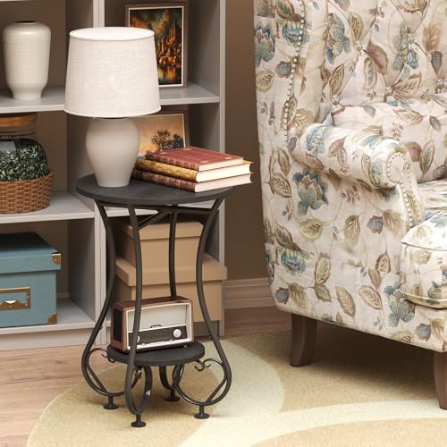 X-cosrack Small Round Side Table,Round End Table for Small Spaces - Black Metal Nightstand with Adjustable Feet,Couch Sofa Coffee Table,Retro Accent Table for Living Room Bedroom Balcony - color: Black Spliced Wood