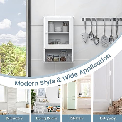 Tangkula Bathroom Cabinet, Wall Mounted Storage Organizer W/Door and Open Shelf, Hanging Medicine Cabinet, White