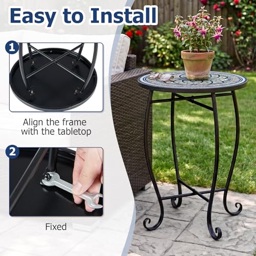 Giantex Outdoor Side Table, Blooming Lotus Mosaic Patio Accent Table, 14" Coffee End Table, Indoor Outdoor Metal Plant Stand for Porch Garden Balcony Desk - style: Blooming Lotus