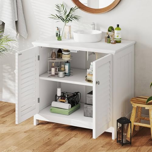 Bathroom Sink Cabinet with 2 Doors Under Sink Storage Cabinet Wooden Freestanding U Shape Fit for Pedestal with Enclosed Storage and Elevated Legs for Bathroom (White)