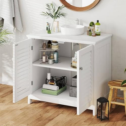 Bathroom Sink Cabinet with 2 Doors Under Sink Storage Cabinet Wooden Freestanding U Shape Fit for Pedestal with Enclosed Storage and Elevated Legs for Bathroom (White)
