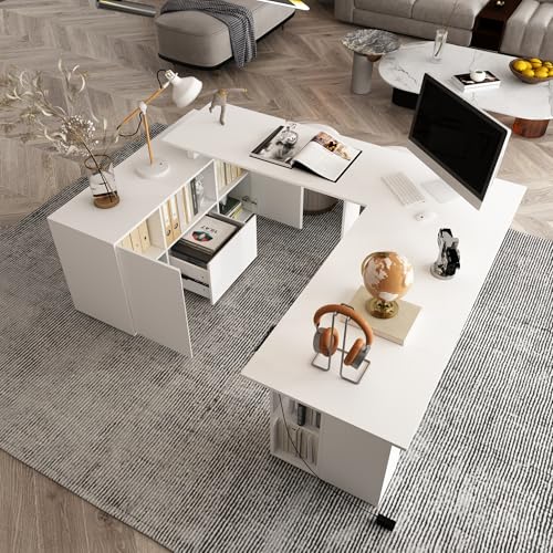 Homsee Electric Height Adjustable Standing Desk with Storage Cabinet, U-Shape Computer Desk with Drawer & Open Shelves for Home Office, Workstation Desk for Writing Study Executive, White