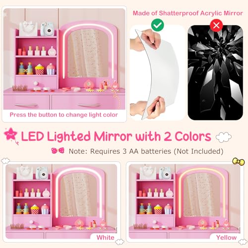 Costzon Kids Vanity with Lights, Princess Makeup Dressing Desk with Mirror and Stool, Storage Drawers, Shelves, Kids Vanity Table and Chair Set for Little Girls (Pink) - style: Pink