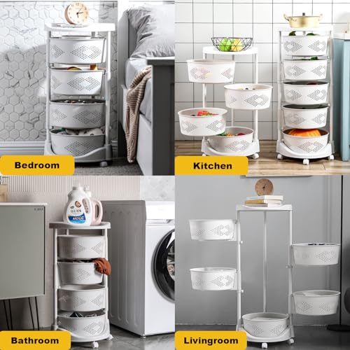 4-Tier Adjustable Kitchen Storage Rack,4 Layer Rotating Vegetable Organizer with Lockable Casters,Multi-Layers Rotatable Baskets for Kitchen Bathroom Living Room,White - size: 4-Tier
