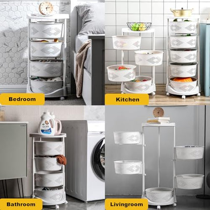 4-Tier Adjustable Kitchen Storage Rack,4 Layer Rotating Vegetable Organizer with Lockable Casters,Multi-Layers Rotatable Baskets for Kitchen Bathroom Living Room,White - size: 4-Tier