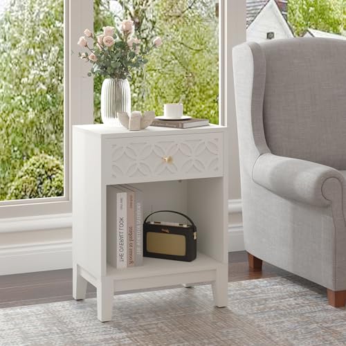 White Nightstand with Drawer and Open Shelf, 17.7 W | Modern Bed Side Table for Bedroom, Small End Table for Small Spaces, Living Room, Easy Assembly