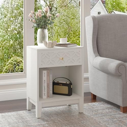 White Nightstand with Drawer and Open Shelf, 17.7 W | Modern Bed Side Table for Bedroom, Small End Table for Small Spaces, Living Room, Easy Assembly