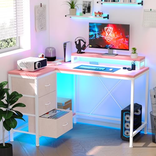 Patikuin L Shaped Desk with Power Outlets & LED Lights, Computer Desk with Drawers & Shelves, Corner Desk Gaming Desk Home Office Desk,Pink - color: Pink