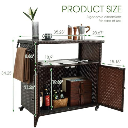 HOMEFUN Outdoor Bar Cart with Storage Cabinet - Outside Bar Table with Wheels Wicker Grill Carts Patio Kitchen Island Table Weatherproof Prep Stand, Brown - color: 09-brown