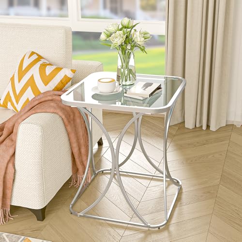 19.68" Square End Table with Tempered Glass Top, Stylish X-Shaped Metal Frame, Living Room Coffee Table, Sofa Side Table, Accent Tables for Small Spaces, Modern Bedside Table (Silver) - color: Silver, style: Style 2