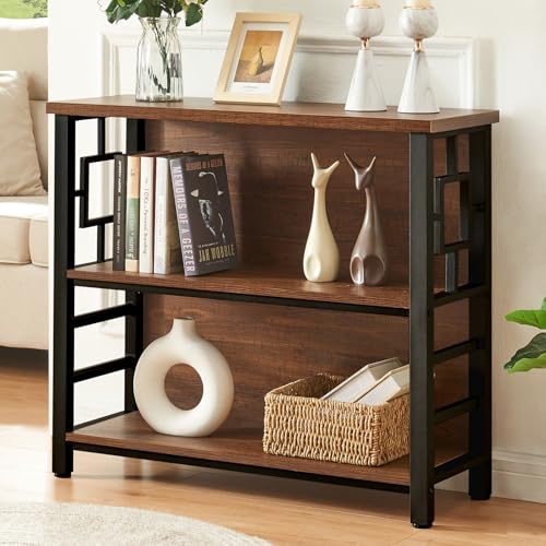 HOMISSUE Book Shelf, 3 Tier Deep Bookshelf with Storage, Engineered Wood and Metal Shelf Bookcase, Low Short Bookcases for Small Space, Living Room, Bedroom, Office, Rustic Brown - color: Rustic Brown, size: 3-tier(35.4"W x30.9"H)
