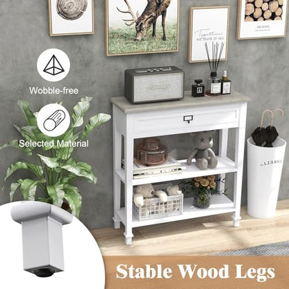 Kinpaw Narrow Console Table with Storage- White Entryway Table, Small Sofa Table with Drawer & Storage Shelf for Entryway, Hallway, Foyer, Living Room Furniture, Behind Couch, Wood - color: White-2 Shelves