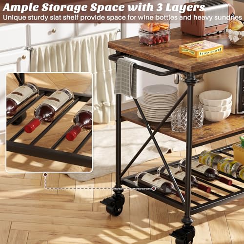 Homieasy Kitchen Island Cart with Wheels, 3-Tier Wood and Metal Rolling Kitchen Island Table with Pipe Legs, Storage Shelves & Lockable Casters for Kitchen Dining Room, Rustic Brown - color: Rustic Brown