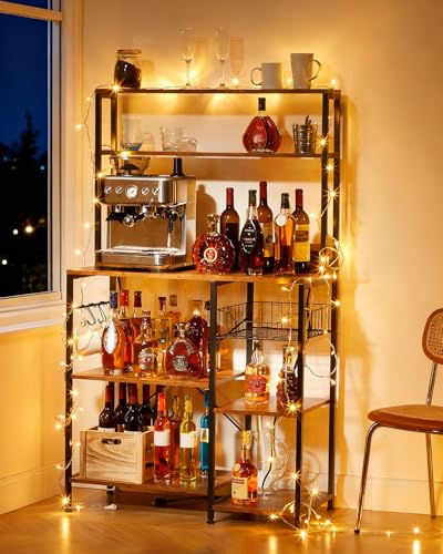 Garvee Kitchen Bakers Rack with Power Outlet, 35 * 60inch Microwave Oven Stand with Storage 4 Tiers, Coffee Bar Table with 5 S Hooks, Kitchen Storage Shelf Rack for Spices, Pots, Rustic Brown - size: 35*60
