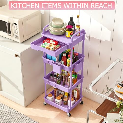 REBECAT 4 Tier Rolling Cart with Drawer, Utility Storage Cart on Wheels for Kitchen, Bathroom, Living Room,Office(Purple) - color: Purple