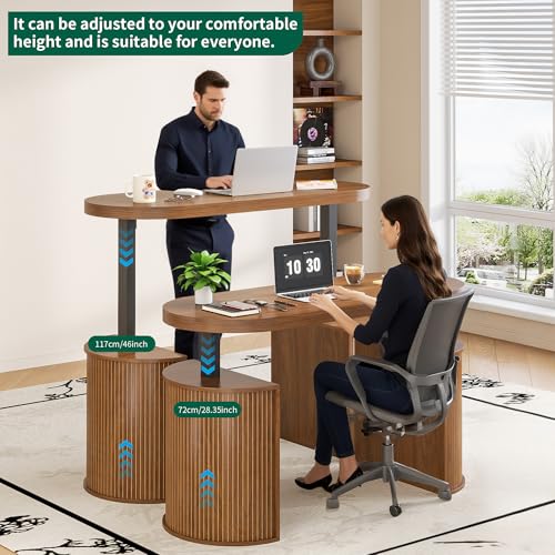 Mid Century Modern Electric Standing Desk with Storage, 55 x 22 Inch Small Sit Stand Up Desk, Wood Adjustable Height Computer Executive Desk for Home Office, Laptop, Walnut - color: Walnut