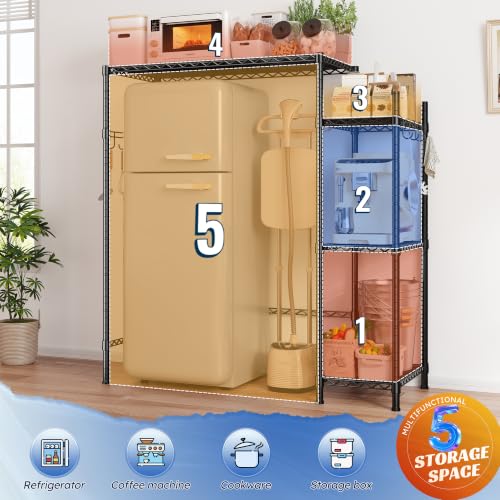 REIBII Mini Fridge Stand with Storage, 4-Tier Adjustable Shelves, 380 lbs | With 8 Hooks, Fits Mini Fridge & Kitchen Appliances, Heavy Duty Steel Frame, Easy Tool-Free Assembly, Dorm & Pantry - size: 52.2"H×38.12"W×18.2"D
