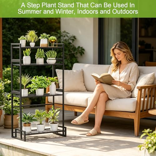 VyGrow Plant Stand, 4 Tier Widened Stackable Tiered Plant Stand, Upgraded Scalable Heavy Duty Tall Plant Shelf for Indoor Outdoor, Garden, Display Shelves, Flower Pot Holder, Black - color: Black 9.84"W