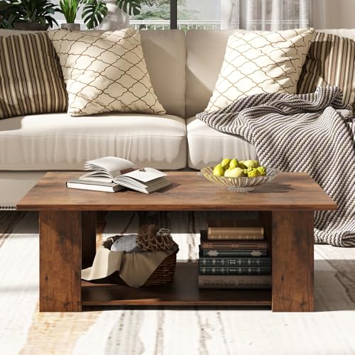 Tangkula 2-Tier Coffee Table, Modern Rectangular Center Cocktail Table with 5 Support Legs, Wooden Accent Living Room Furniture, Small Coffee Table for Small Spaces, Easy Assembly (Rustic Brown) - color: Rustic Brown