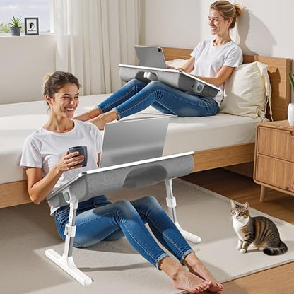 FoldWise 2-in-1 Lap & Bed Desk with Soft Cushions - Adjustable Height & Angle, Foldable Laptop Stand for Bed & Couch - Wrist Rest, iPad Holder, Stopper & Non-Slip Leather - Bed Table for Adults & Kids - color: Gray