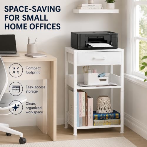 Lerliuo 3-Tier Printer Stand with Fabric Drawer and Shelves, White | Three-tier printer stand with fabric drawer and two shelves for paper, office supplies, scanners and fax machines - color: White