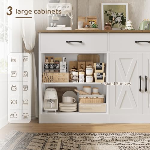 HOSTACK 71"W Farmhouse Kitchen Sideboard Buffet Cabinet with Storage, White | Large Coffee Bar Cabinet with 3 Wide Drawers, Long Buffet Table with Shelves, Kitchen Storage Cabinet for Dining Room - color: White