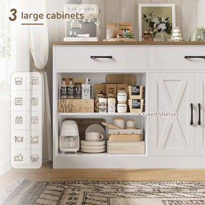 HOSTACK 71"W Farmhouse Kitchen Sideboard Buffet Cabinet with Storage, White | Large Coffee Bar Cabinet with 3 Wide Drawers, Long Buffet Table with Shelves, Kitchen Storage Cabinet for Dining Room - color: White