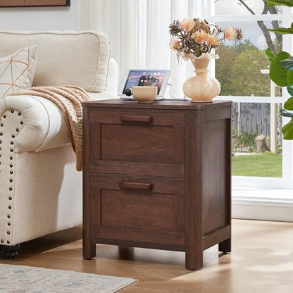 Joaxswe Farmhouse Night Stand with Charging Station, End Tables Bedroom with 2 Large Drawers & 4 Thickened Table Legs, Walnut - color: Walnut, size: 16"D x 19.7"W x 23.6"H (2 Drawers)