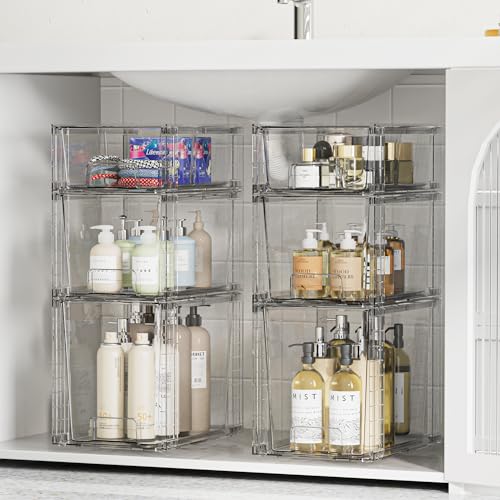Vtopmart 3 Pack Clear Stackable Storage Drawers,Easy to Assemble Bathroom Organizers and Storage with handles,Plastic Drawers for Kitchen Pantry,Cabinet,Under Sink Organization | Tall, Medium and Small Pull-Out PET Drawers with Stackable Design for Bathro