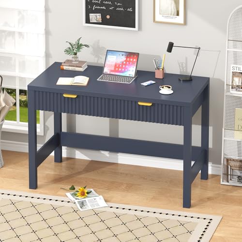 YOMILUVE Fluted Computer Desk with 2 Drawers, 39 Inch Small Computer Desk with Storage, Compact Writing Study Desk for Small Spaces, Blue - color: Blue