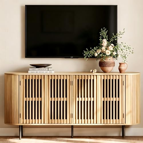 WAMPAT 64.4" Fluted TV Stand, Wood Entertainment Center for TVs Up to 70 inches, Curved Edge Media Console Table with Doors and Shelves for Living Room, Bedroom, Oak - color: Oak