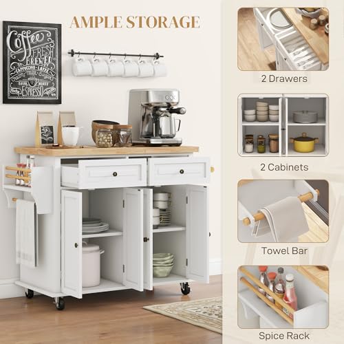HOMCOM Kitchen Island Cart Solid Wood Top 44" Mobile 2 Drawers Cream White | Kitchen Island Table, on Wheels, Storage Cabinets, 2 Drawers, Adjustable Shelves, Spice Rack & Towel Bar, for Dining Room - color: Cream White