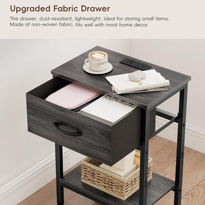 Vagusicc Nightstand with Charging Station, End Table with Fabric Drawer, Small Side Table with 2-Tier Storage Shelves, 25.4" Tall Night Stand, Bedside Table for Bedroom, Living Room, Dorm, Black Oak - color: Black Oak (1 Pack)