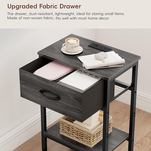 Vagusicc Nightstand Set of 2 with Charging Station, Bed Side Table with Fabric Drawer, Small End Table with 2-Tier Open Shelves, 25.4" Tall Night Stand Bedside Table for Bedroom Living Room, Black Oak - color: Black Oak (2 Pack)