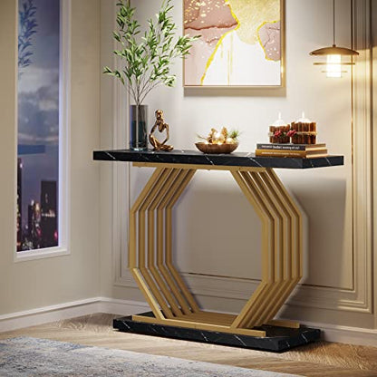 Tribesigns Gold Console Table, Faux Marble Entryway Table Narrow Sofa Table with Geometric Metal Base, 40 Inch Modern Accent Table Entrance Table for Living Room, Hallway, Foyer, Black - color: Black