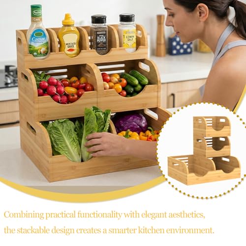 Upgraded 3 Tier Bamboo Pantry Storage Bins,Large potato storage | With 2 Banana Hangers,Stackable Potato and Onion Storage Bin with Airflow Vent,Vegetable Storage,for Kitchen Countertop