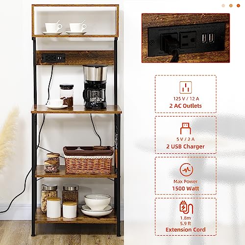 HOMCOM Kitchen Bakers Rack with Storage, Power Outlet, Rustic Brown | USB Charger, Microwave Stand, Coffee Bar with Adjustable Shelves, 5 Hooks