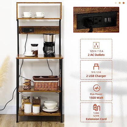HOMCOM Kitchen Bakers Rack with Storage, Power Outlet, Rustic Brown | USB Charger, Microwave Stand, Coffee Bar with Adjustable Shelves, 5 Hooks