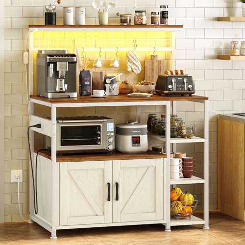 TVU Bakers Rack with Power Outlet and LED Light, Microwave Stand with Storage Cabinet, Coffee Bar Cabinet Station with 6 Hooks for Kitchen, Dining Room, Living Room, Coffee Bar, Walnut, White - color: Walnut + White