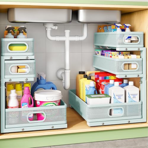 Under Sink Organizer, 2-Pack 3-Tier Height Adjustable Thickened Metal Pull out Cabinet Organizer Shelf, Slide out Storage Drawer Rack for Bathroom Kitchen Pantry Home Organization, LightBlue - color: LightBlue, size: 2 Pack