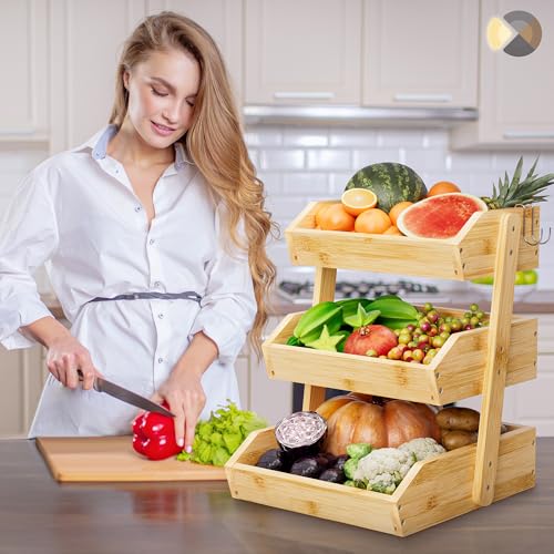 Hellojin Bamboo 3 Tier Fruit Basket for Counter with 2 Banana Hangers | Wooden Tiered Organizer, Protective Mats, Large Capacity, Versatile Holder for Bread, Snacks, Veggies, Onion and Potato - color: Bamboo-3 tier
