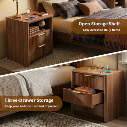 LYNCOHOME 23" Fluted Nightstand with Charging Station, 3 Drawer Bedside Table, Modern Night Stand with Curved Edge Design, Wooden End Table for Bedroom, Rounded Night Stand with Storage, Walnut, Brown - size: 15.7"D x 22.8"W x 24.2"H（3 Drawers）