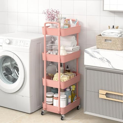 Sywhitta 4-Tier Plastic Rolling Utility Cart with Handle, Multi-Functional Storage Trolley for Office, Living Room, Kitchen, Movable Storage Organizer with Wheels, Pink | Multi-Functional Storage Trolley, for Office, Living Room, Kitchen, Bathroom,Movable