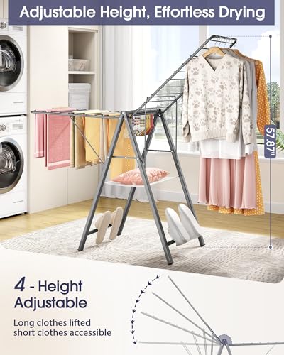Clothes Drying Rack, 67.7" L Height Adjustable, Foldable, Grey | 1.5"Folded, No Assembly, Space-Saving, Spacious Design, Adjustable Wings, Clips, Mesh Shelf, Shoe Rack, Indoor & Outdoor Use - color: Gray